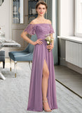 Shyla A-Line Off-the-Shoulder Floor-Length Chiffon Lace Bridesmaid Dress With Split Front STAP0013066