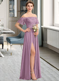 Shyla A-Line Off-the-Shoulder Floor-Length Chiffon Lace Bridesmaid Dress With Split Front STAP0013066