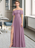 Shyla A-Line Off-the-Shoulder Floor-Length Chiffon Lace Bridesmaid Dress With Split Front STAP0013066