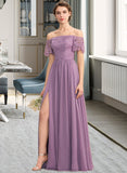 Shyla A-Line Off-the-Shoulder Floor-Length Chiffon Lace Bridesmaid Dress With Split Front STAP0013066