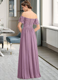 Shyla A-Line Off-the-Shoulder Floor-Length Chiffon Lace Bridesmaid Dress With Split Front STAP0013066