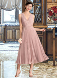 Norma A-Line V-neck Tea-Length Chiffon Lace Bridesmaid Dress With Pleated STAP0013067