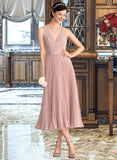 Norma A-Line V-neck Tea-Length Chiffon Lace Bridesmaid Dress With Pleated STAP0013067