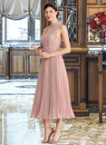 Norma A-Line V-neck Tea-Length Chiffon Lace Bridesmaid Dress With Pleated STAP0013067