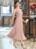 Norma A-Line V-neck Tea-Length Chiffon Lace Bridesmaid Dress With Pleated STAP0013067