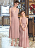 Norma A-Line V-neck Tea-Length Chiffon Lace Bridesmaid Dress With Pleated STAP0013067