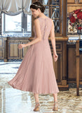 Norma A-Line V-neck Tea-Length Chiffon Lace Bridesmaid Dress With Pleated STAP0013067