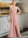 Kitty A-Line Sweetheart Floor-Length Chiffon Lace Bridesmaid Dress With Split Front STAP0013068