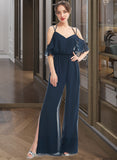 Kathleen Jumpsuit/Pantsuit V-neck Floor-Length Bridesmaid Dress With Ruffle STAP0013073