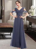 Malia A-Line V-neck Floor-Length Bridesmaid Dress With Ruffle STAP0013074