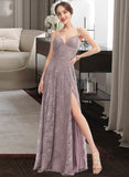 Adalyn A-Line V-neck Floor-Length Bridesmaid Dress With Split Front STAP0013075