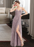 Adalyn A-Line V-neck Floor-Length Bridesmaid Dress With Split Front STAP0013075