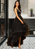 Irene Ball-Gown/Princess V-neck Asymmetrical Tulle Bridesmaid Dress With Beading STAP0013077