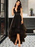 Irene Ball-Gown/Princess V-neck Asymmetrical Tulle Bridesmaid Dress With Beading STAP0013077