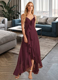 Kaylah A-Line V-neck Asymmetrical Bridesmaid Dress With Ruffle Split Front STAP0013082