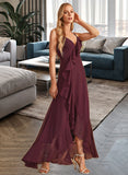 Kaylah A-Line V-neck Asymmetrical Bridesmaid Dress With Ruffle Split Front STAP0013082