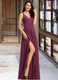 Lina A-Line V-neck Floor-Length Bridesmaid Dress With Split Front STAP0013085