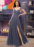 Mary A-Line V-neck Floor-Length Chiffon Bridesmaid Dress With Split Front STAP0013086