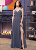 Mary A-Line V-neck Floor-Length Chiffon Bridesmaid Dress With Split Front STAP0013086