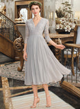 Sloane A-Line V-neck Tea-Length Chiffon Lace Bridesmaid Dress With Pleated STAP0013088