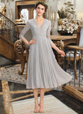 Sloane A-Line V-neck Tea-Length Chiffon Lace Bridesmaid Dress With Pleated STAP0013088