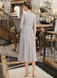 Sloane A-Line V-neck Tea-Length Chiffon Lace Bridesmaid Dress With Pleated STAP0013088