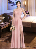 Keyla A-Line Scoop Neck Floor-Length Chiffon Lace Bridesmaid Dress With Ruffle Split Front STAP0013089