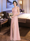 Keyla A-Line Scoop Neck Floor-Length Chiffon Lace Bridesmaid Dress With Ruffle Split Front STAP0013089