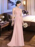 Keyla A-Line Scoop Neck Floor-Length Chiffon Lace Bridesmaid Dress With Ruffle Split Front STAP0013089