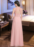 Keyla A-Line Scoop Neck Floor-Length Chiffon Lace Bridesmaid Dress With Ruffle Split Front STAP0013089