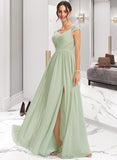 Ina A-Line V-neck Floor-Length Bridesmaid Dress With Lace Split Front STAP0013096