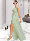 Ina A-Line V-neck Floor-Length Bridesmaid Dress With Lace Split Front STAP0013096