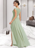 Ina A-Line V-neck Floor-Length Bridesmaid Dress With Lace Split Front STAP0013096