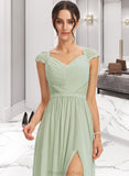 Ina A-Line V-neck Floor-Length Bridesmaid Dress With Lace Split Front STAP0013096