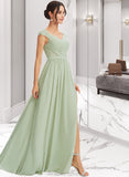 Ina A-Line V-neck Floor-Length Bridesmaid Dress With Lace Split Front STAP0013096