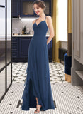 Marlene A-Line V-neck Floor-Length Bridesmaid Dress With Ruffle Split Front STAP0013097