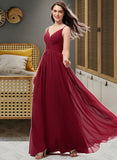 Ana A-Line V-neck Floor-Length Chiffon Bridesmaid Dress With Ruffle Lace STAP0013098