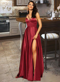 Lilia A-Line V-neck Floor-Length Satin Bridesmaid Dress With Split Front Pockets STAP0013100