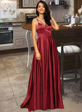 Lilia A-Line V-neck Floor-Length Satin Bridesmaid Dress With Split Front Pockets STAP0013100