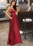 Lilia A-Line V-neck Floor-Length Satin Bridesmaid Dress With Split Front Pockets STAP0013100