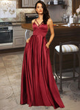 Lilia A-Line V-neck Floor-Length Satin Bridesmaid Dress With Split Front Pockets STAP0013100