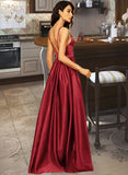 Lilia A-Line V-neck Floor-Length Satin Bridesmaid Dress With Split Front Pockets STAP0013100