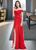 Macey A-Line Off-the-Shoulder Sweep Train Chiffon Bridesmaid Dress With Ruffle Split Front STAP0013102