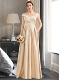 Akira A-Line Off-the-Shoulder Floor-Length Satin Bridesmaid Dress With Ruffle Pockets STAP0013104