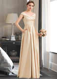 Akira A-Line Off-the-Shoulder Floor-Length Satin Bridesmaid Dress With Ruffle Pockets STAP0013104