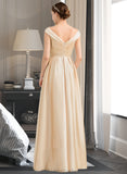 Akira A-Line Off-the-Shoulder Floor-Length Satin Bridesmaid Dress With Ruffle Pockets STAP0013104