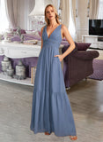 Bailee A-Line V-neck Floor-Length Bridesmaid Dress With Pockets STAP0013108