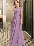 Kaya A-Line V-neck Floor-Length Bridesmaid Dress With Lace STAP0013111