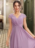 Kaya A-Line V-neck Floor-Length Bridesmaid Dress With Lace STAP0013111