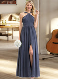 Heather A-Line V-neck Floor-Length Chiffon Bridesmaid Dress With Ruffle Split Front STAP0013112